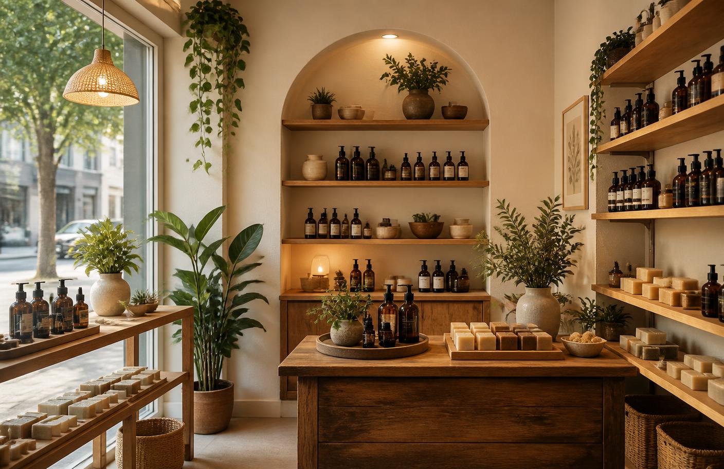Interior of the Hilda Event shop with wooden shelves of bottles and soaps